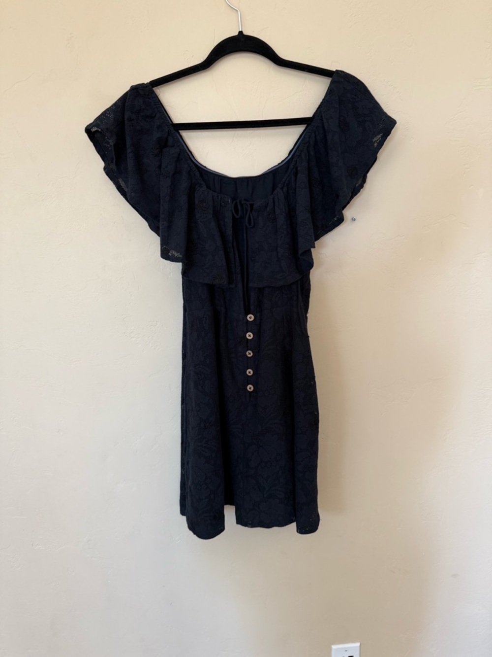 Free People Navy Lace Off Shoulder Mini Dress Boho Romantic Cottagecore - Picture 7 of 10